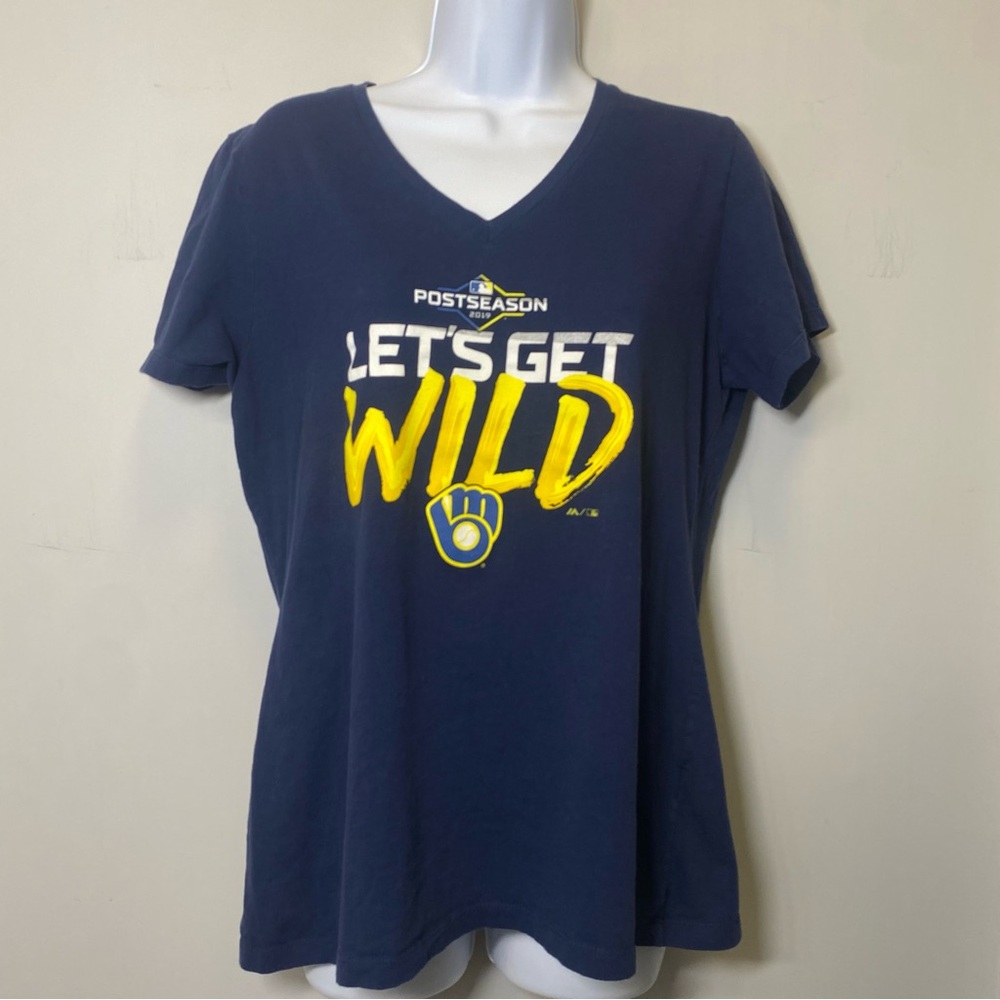 Majestic Milwaukee Brewers Womens Navy & Yellow 2019 Post Season V-Neck T-Shirt